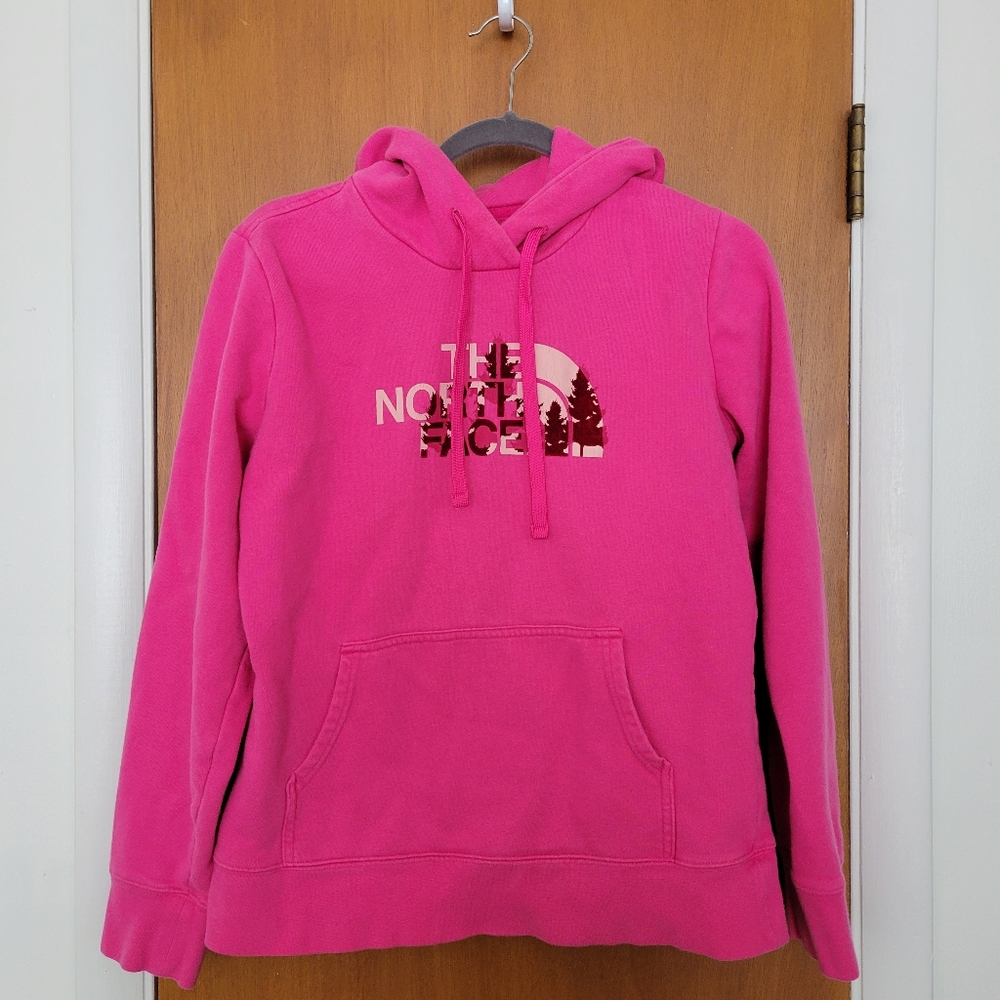 The North Face bright pink women's hoodie sweatshirt with tree graphic